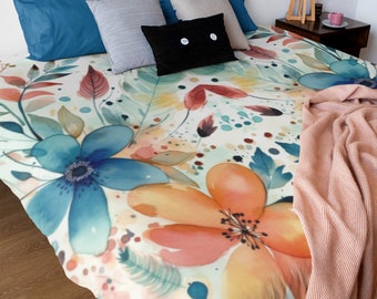 Colorful Wildflowers Cotton Duvet Cover | Boho Floral Natural Bedding | King Queen Twin XL Bedspread | Blue Orange White | Abstract Flowers