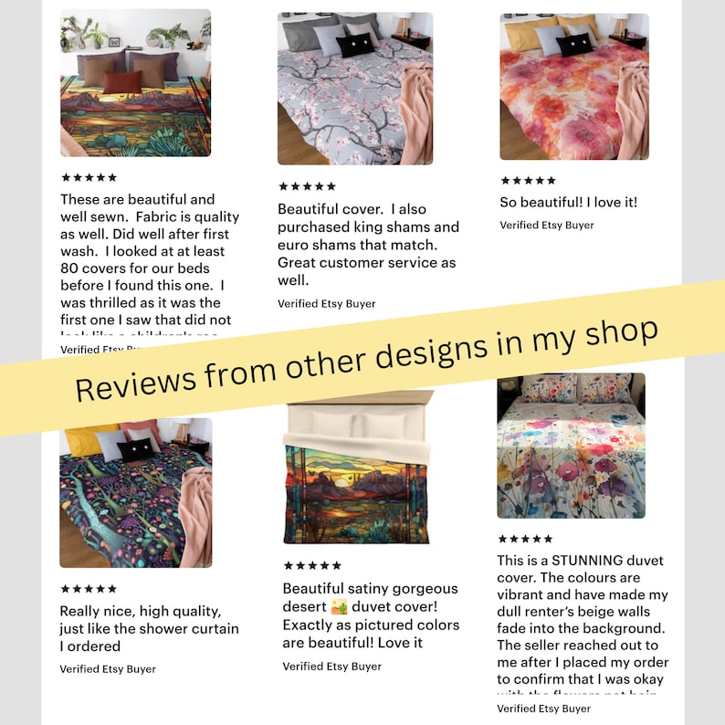 May include: A collection of customer reviews for various duvet covers featuring diverse patterns including desert landscapes, floral prints, and abstract designs, displayed with five-star ratings and text stating Reviews from other designs in my shop.