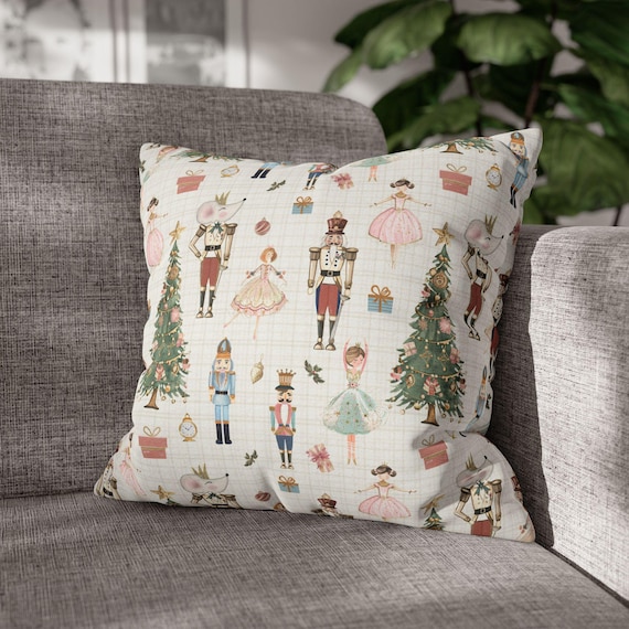 Nutcracker Square Throw Pillow or Cover – Cozy Winter Decor, Pink Beige Ballet Design, Pastel Christmas Cushion | Pinkmas Home Decor Accent