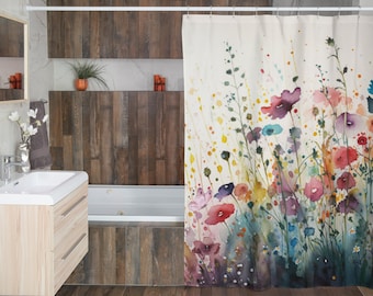 Cortina de ducha con flores silvestres / Decoración floral colorida para el baño / Decoración para el hogar primavera-verano / Juego de alfombrillas de baño con flores de jardín impresionistas franceses