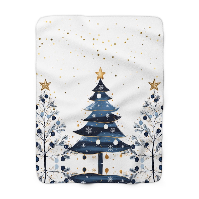 Winter Wonderland Blue Christmas Trees Sherpa Fleece Blanket | Starry Skies Cozy Throw | Seasonal Holiday Xmas Home Décor | Roommate Gift image 5