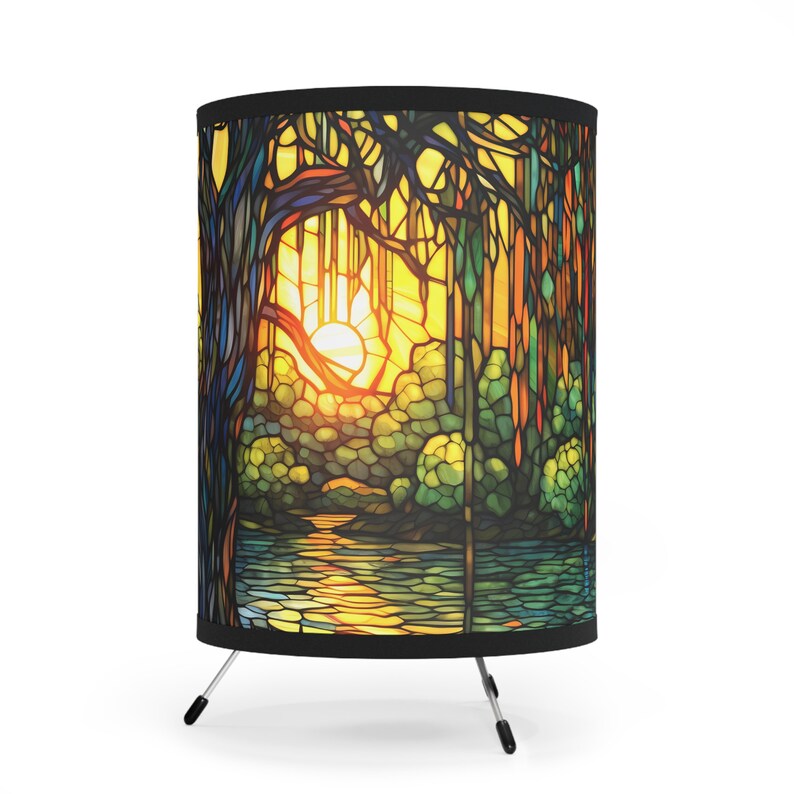 Lampe de table bayou en saule pleureur effet vitrail Paysage coloré au coucher du soleil Éclairage décoratif unique pour la maison Vert Orange Jaune image 10