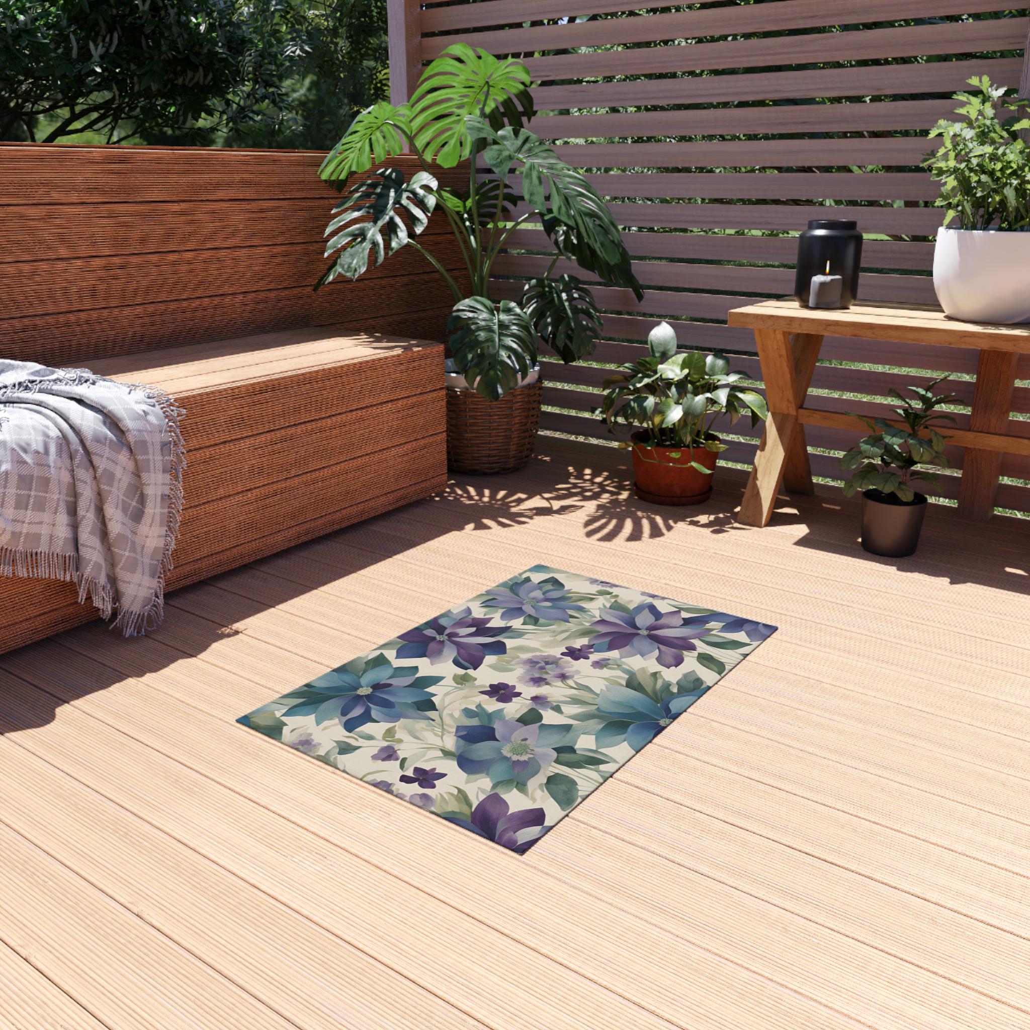 Outdoor Rug | Floral Accent Patio Carpet Runner | Blue Purple Lavender ...