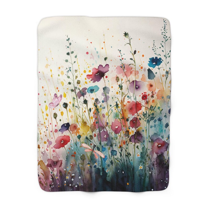 Sherpa Fleece Blanket | Soft Plush Cozy Fall Winter Floral Throw Blanket | Watercolor Wildflowers Garden Flowers | Roommate Gift for Her image 4