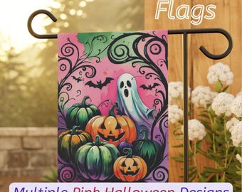 Pink Halloween Garden & House Flags | Outdoor Yard Decor | Festive Pinkoween Front Porch Banner | Pumpkins Jack-o-Lanterns Ghosts