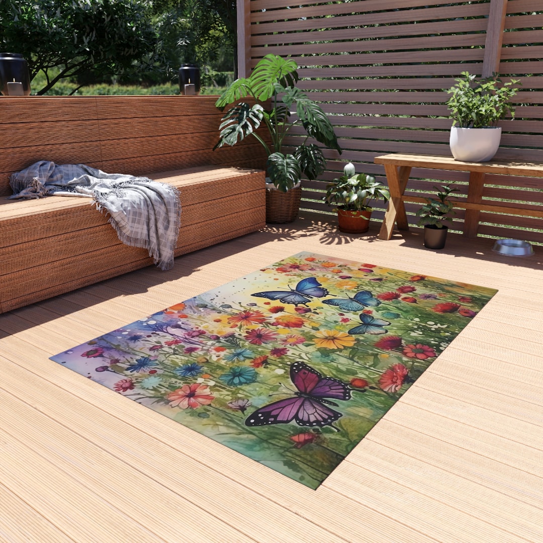 Watercolor Wildflowers Butterflies Outdoor Rug Colorful Floral Patio ...