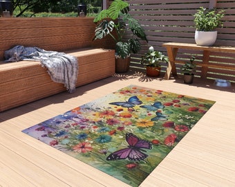 Tapis d'extérieur aquarelle fleurs sauvages et papillons | Tapis de passage fleuri coloré pour patio | Pensées de bouquets de fleurs de jardin | Vert Bleu Violet Rose