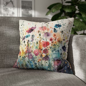 Square Wildflowers Throw Pillow Floral Accent Pillow Cottagecore Home Décor Garden Flowers Posies Pansies Pillowcase Colorful Euro Sham 20" × 20"