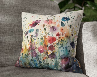 Square Wildflowers Throw Pillow  Floral Accent Pillow | Cottagecore Home Décor | Garden Flowers Posies Pansies Pillowcase Colorful Euro Sham