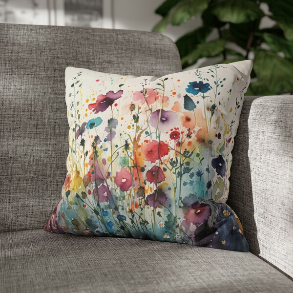 Square Wildflowers Throw Pillow  Floral Accent Pillow | Cottagecore Home Décor | Garden Flowers Posies Pansies Pillowcase Colorful Euro Sham