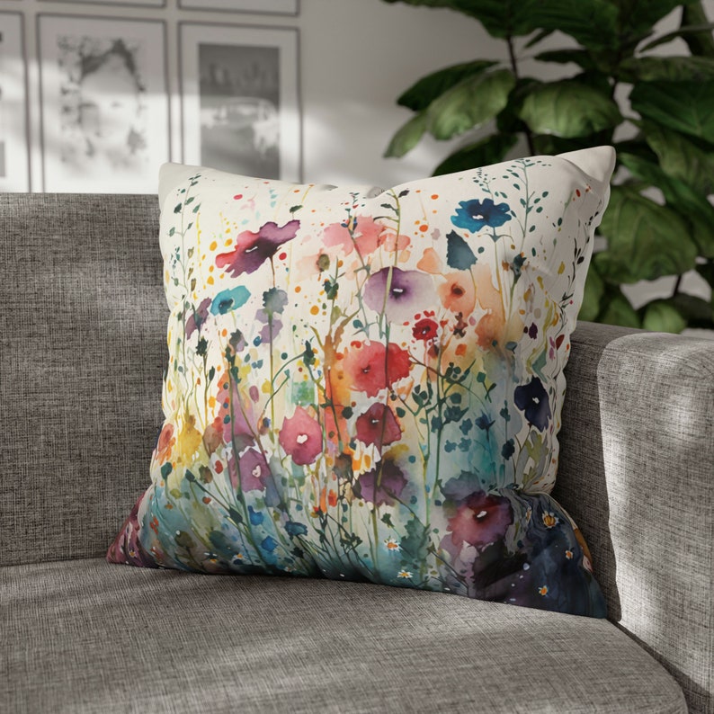 Square Wildflowers Throw Pillow Floral Accent Pillow Cottagecore Home Décor Garden Flowers Posies Pansies Pillowcase Colorful Euro Sham 24" × 24"