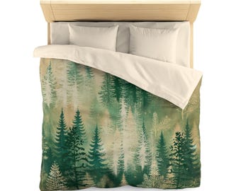 May include: A duvet cover with a forest scene featuring a watercolor-style pattern of green trees on a beige background.