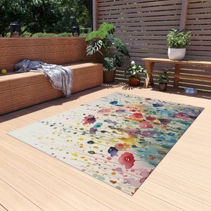 Watercolor Wildflowers Outdoor Rug | Colorful Floral Patio Carpet Runner | Garden Flowers Posies Pansies | White Green Red Blue Purple