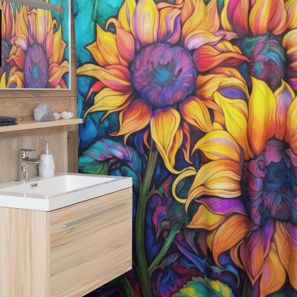 Trippy Sunflowers Shower Curtain | Colorful Floral Stained Glass Design | Bathroom Décor | Abstract Bath Mats Sets Yellow Orange Purple Blue