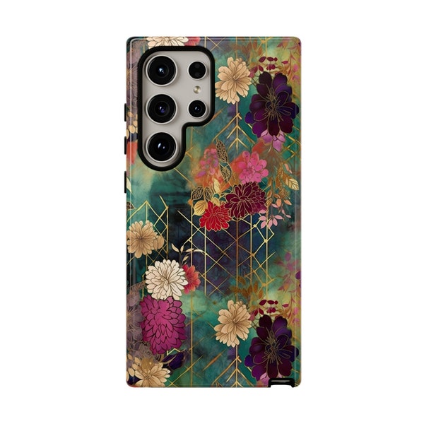 Chiyogami Blumen robuste Handyhülle passend für Galaxy S24 S23 S22 S21 Plus Ultra | iPhone 15 14 13 12 11 Pro Max Mini | Pixel 8 7 6 5 Grün Lila