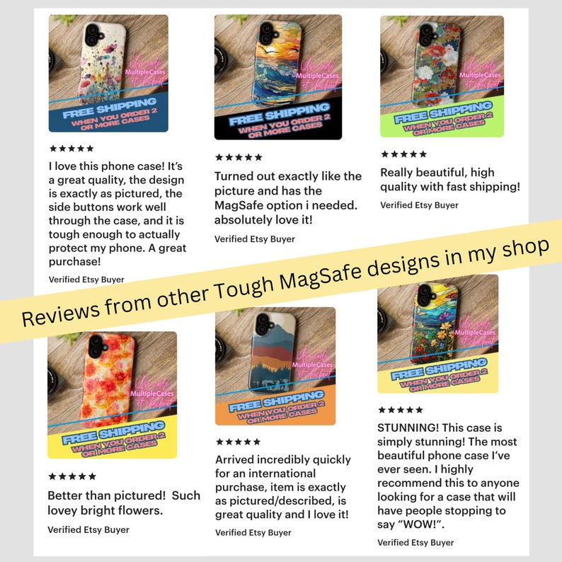May include: Five customer reviews for phone cases with colourful designs. Each review includes a five-star rating and a short description. The cases feature a variety of designs, including abstract art, flowers, and landscapes. The reviews highlight the quality, design, and shipping speed of the cases.