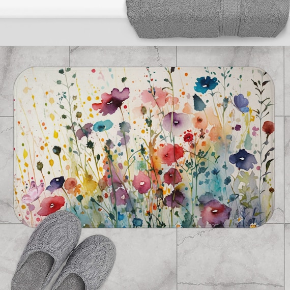 Wildblumen Badematte | Bunt Blumen Badezimmer Dekor | Weiß Grün Blau Rot Gelb | Garten Blumen Ästhetische Mikrofaser Küchen Bodenmatte