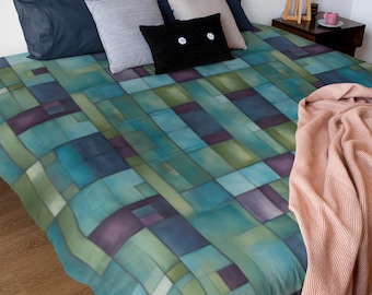 Funda nórdica con bloques de color / Ropa de cama artística contemporánea estilo retro de los 90 en azul, verde y morado / Tamaños disponibles: Twin XL, Queen y King / Colcha de algodón o poliéster