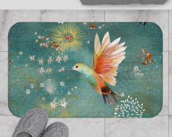 Hummingbird Wildflowers Bath Mat | Colorful Bathroom Décor | Blue Green Peach | Custom Floral Birds | Poppies Posies Flowers Zen Aesthetic