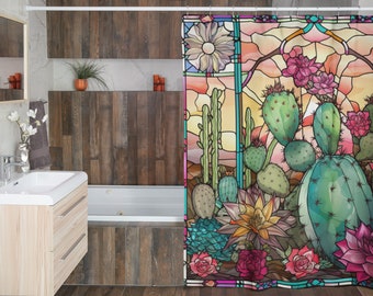 Rideau de douche cactus du désert SW | effet vitrail coloré | Décoration de salle de bain | Rose pêche vert | Paysage abstrait floral bohème coucher de soleil