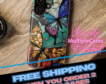 Magsafe Compatible Tough Phone Case fits iPhone 17 Air 16 15 14 13 Plus Pro Max Mini | Colorful Butterflies Stained Glass Design Blue Green