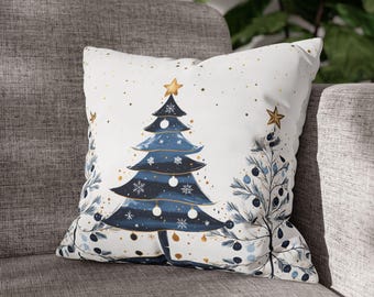Square Throw Pillow Cover | Blue Christmas Trees Stars Snowy Winter Decorative Pillow | Holiday Xmas Seasonal Accent Home Decor | White Blue