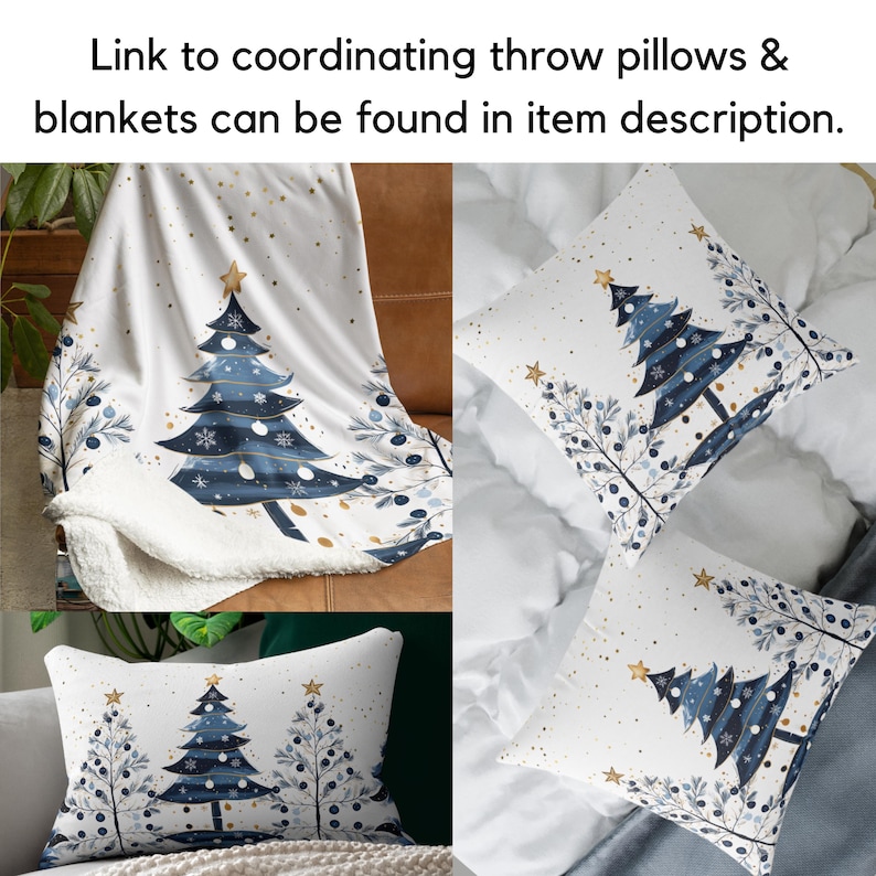 May include: A white throw blanket with a blue and gold Christmas tree design. The blanket is folded and displayed on a couch. Two throw pillows with the same design are also shown.