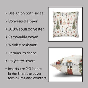 May include: A decorative square pillow with a festive holiday design. The pillow features a pattern of Christmas trees, nutcrackers, and ballerinas on a cream-colored background. The pillow has a removable cover and a concealed zipper.