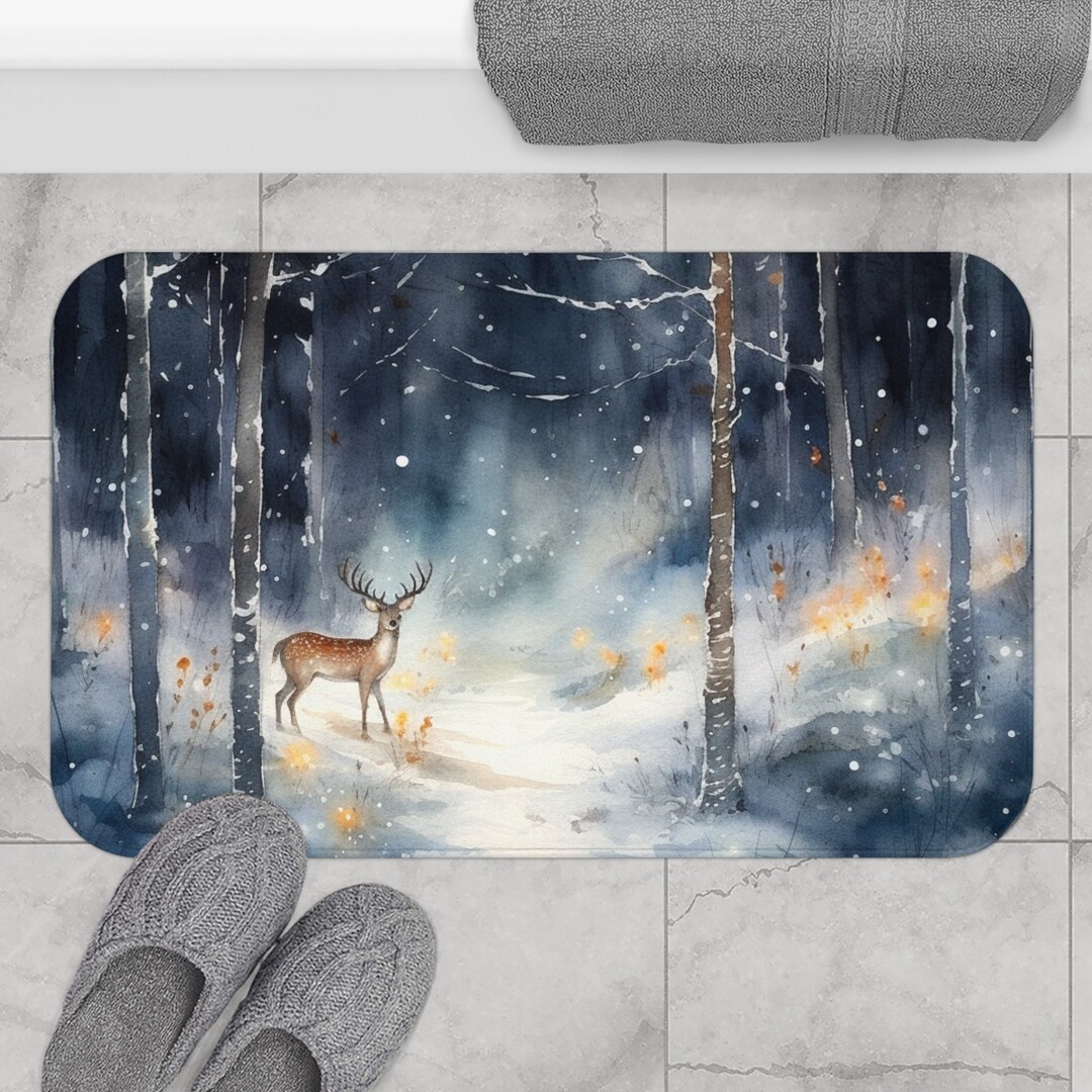Winter Forest Landscape Bath Mat Snowy Woods Deer Bathroom Décor Kitchen Floor Mat Winter ...