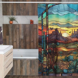 SW Desert Sunset Shower Curtain | Colorful Stained Glass Effect Bathroom Décor | Southwest Western Home Decor | Landscape Cactus Sunrise