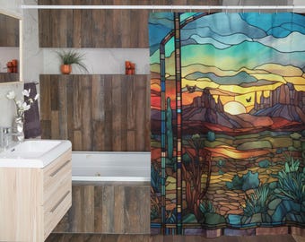 Cortina de ducha de vitrales con diseño de desierto: paisaje de cactus al atardecer / Decoración de baño bohemia del suroeste / Alfombrilla de baño opcional