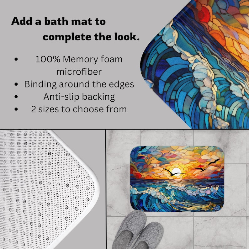 Puede incluir: Una alfombra de ba&ntilde;o con un dise&ntilde;o de vitral de una puesta de sol sobre el oc&eacute;ano. La alfombra est&aacute; hecha de espuma de memoria y microfibra con respaldo antideslizante. Est&aacute; disponible en dos tama&ntilde;os.