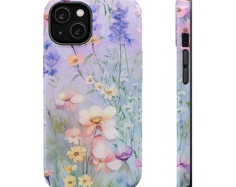 Spring Garden Wildflowers MagSafe Compatible Tough Phone Case fits iPhone 15 14 13 Plus Pro Max Mini | Pastel Pink Lavender Green Yellow