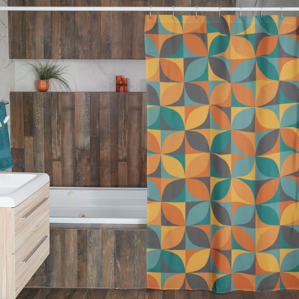 Abstract Mid-Century Modern Mosaic Tile Shower Curtain | Colorful Playful Bathroom Décor | Blue Orange Yellow Green Retro Patterns Bath Sets