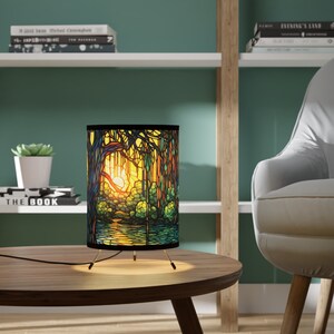 Lampe de table bayou en saule pleureur effet vitrail Paysage coloré au coucher du soleil Éclairage décoratif unique pour la maison Vert Orange Jaune image 7