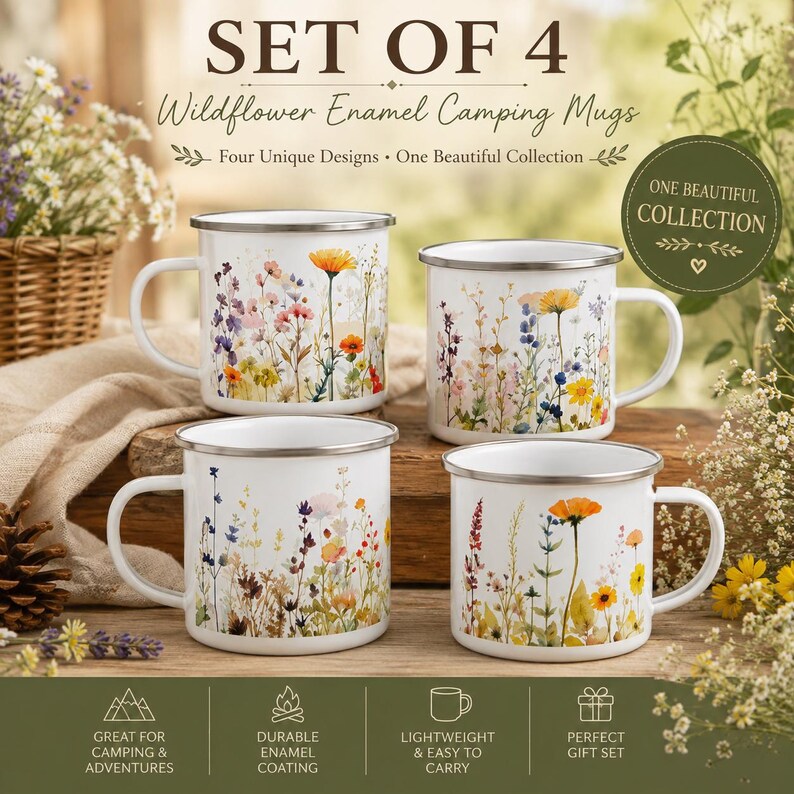 May include: A set of four white enamel camping mugs featuring various colorful wildflower illustrations. The text reads SET OF 4 Wildflower Enamel Camping Mugs, Four Unique Designs, One Beautiful Collection, and ONE BEAUTIFUL COLLECTION.
