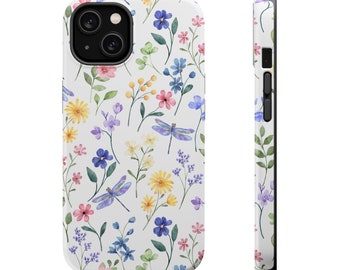 Pastel Floral Dragonfly MagSafe Tough Phone Case | Coquette Aesthetic fits iPhone 15 14 13 Pro Plus Pro Max Mini | White Blue Lavender Pink