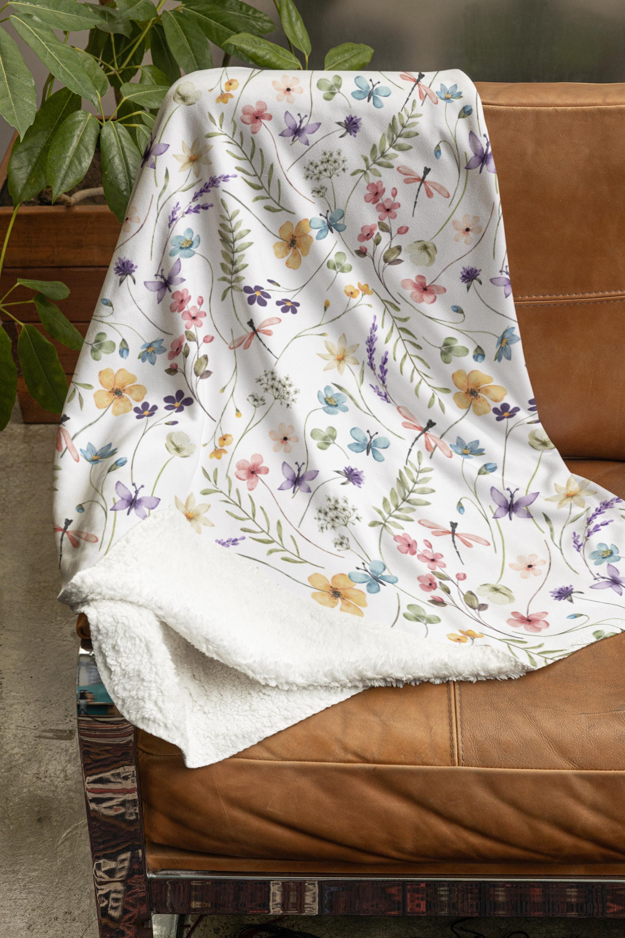 Sherpa Fleece Blanket | Soft Plush Cozy Fall Winter Throw Blanket | Wildflowers Butterflies & Dragonflies  White Floral Pastel Roommate Gift