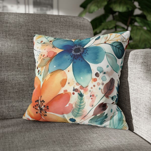 Colorful Wildflowers Square Pillow Cover | Watercolor Accent Throw Pillow | Cozy Boho Floral Home Décor  Vibrant Orange Blue White Euro Sham