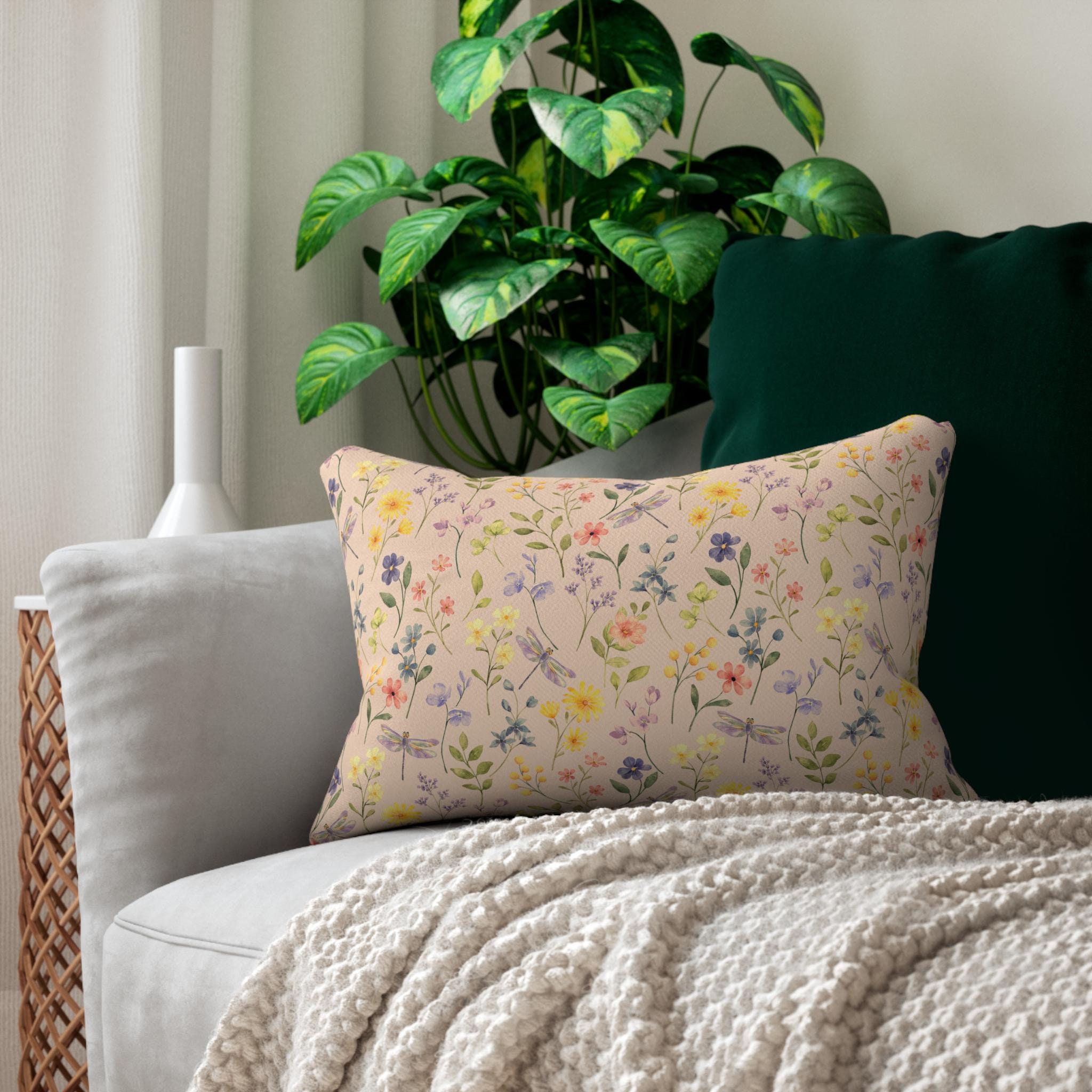 Vintage Flowers Lumbar Throw Pillow | Cottagecore Floral Accent Pillow | Wildflowers Home Décor | Dragonflies | Antique Peach Yellow Green