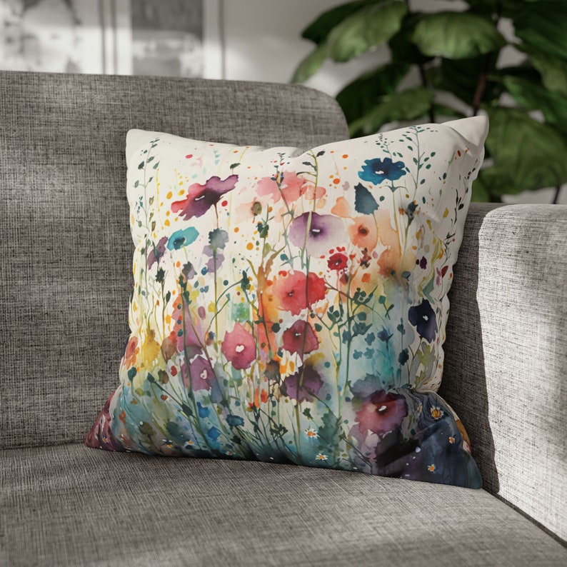 Square Wildflowers Throw Pillow Floral Accent Pillow Cottagecore Home Décor Garden Flowers Posies Pansies Pillowcase Colorful Euro Sham 18" × 18"