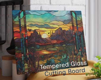 Southwest Desert Glass Cutting Board | Stained Glass Design Cactus Sunset | Western Kitchen Decor Decorative Chopping Board Gift