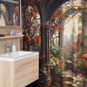 English Garden Courtyard Shower Curtain | Bathroom Décor | Scenic Floral Landscape | Peaceful Oasis Bath Sets Mats | European Getaway