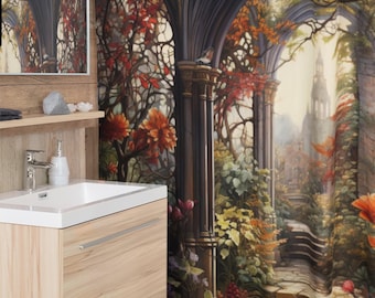 Cortina de ducha con diseño de patio con jardín inglés / Decoración de baño / Paisaje floral escénico / Juegos de baño con alfombrillas de oasis de paz / Escapada europea