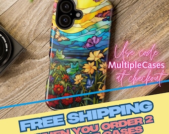 Stained Glass MagSafe Compatible Tough Phone Case fits iPhone 17 Air 16 15 14 13 Plus Pro Max Mini | Colorful Wildflower Butterfly Floral
