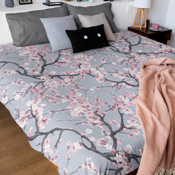 Sakura Tree Cherry Blossoms Duvet Cover | Queen Size Bedding | King Size Duvet Cover | Twin XL Duvet Cover | Kawaii Dorm Floral Flowers Grey