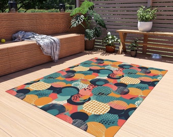 Abstrakte Moderne Kunst Outdoor Teppich | Bunter Kreise & Punkte Konfetti Party Teppich Läufer | Weiß, Gelb, Orange, Lachs, Pink, Blau, Schwarz