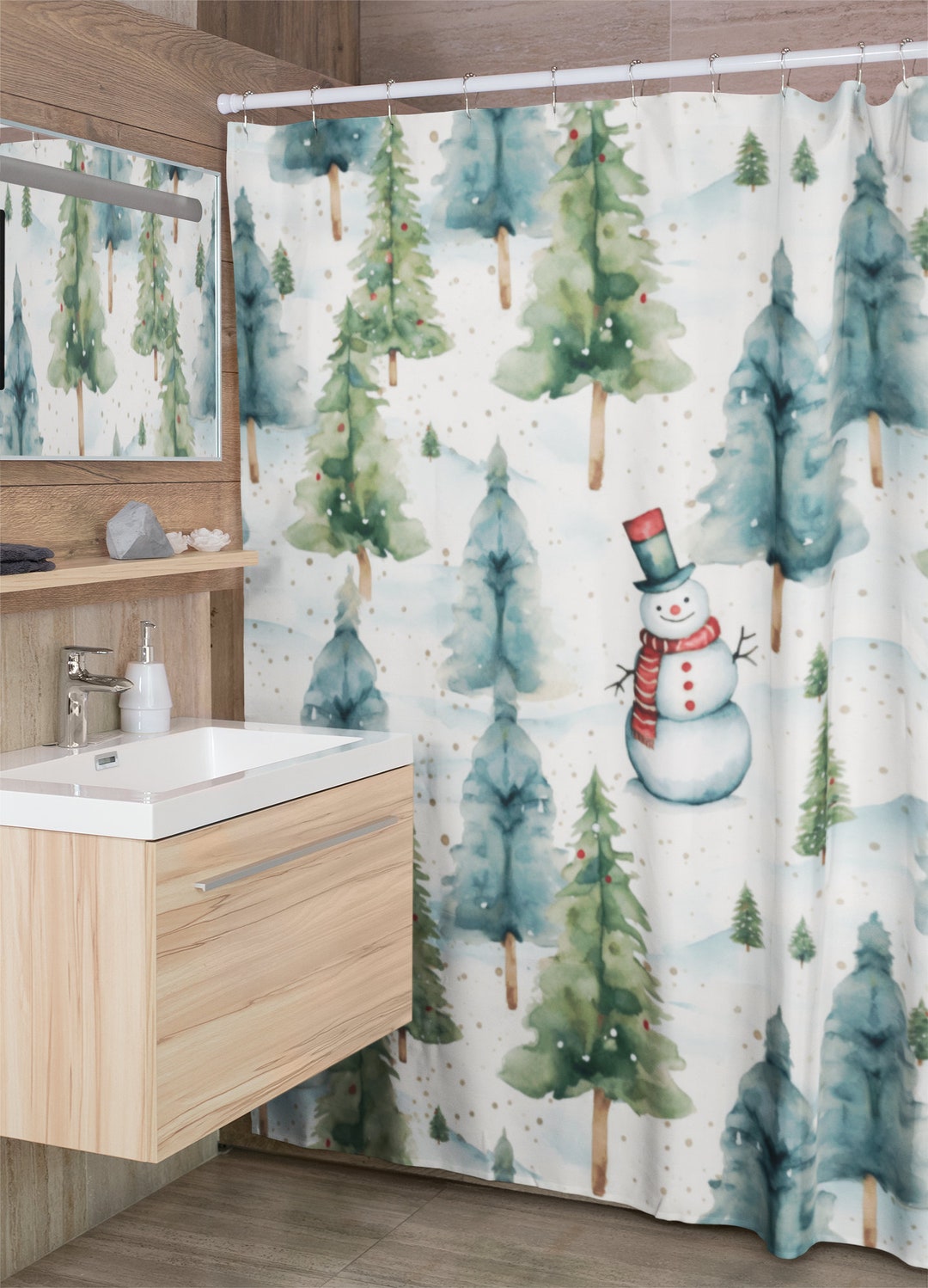 Farmhouse Christmas Snowman Shower Curtain Seasonal Bathroom Décor Bath