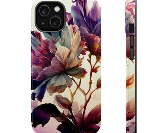 Coque de portable solide, compatible avec le système MagSafe Floral, pour iPhone 15 14 13 Plus Pro Max Mini | Belles fleurs de jardin à l'aquarelle | Prune violette lavande