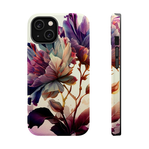 Floral MagSafe Compatible Tough Phone Case fits iPhone 15 14 13 Plus Pro Max Mini | Lovely Watercolor Garden Flowers | Purple Plum Lavender